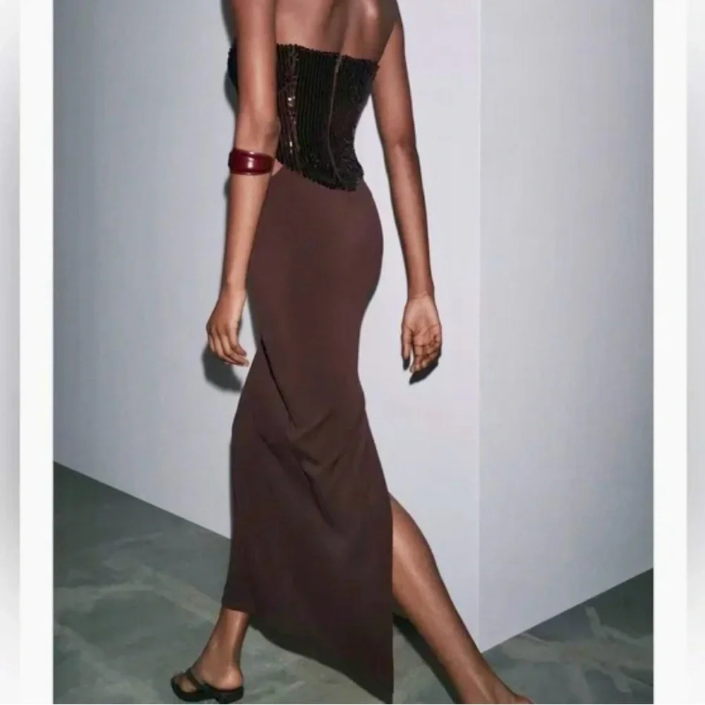Zara sequin embellished brown Strapless cut out modern fit midi Dress size small - Picture 4 of 16